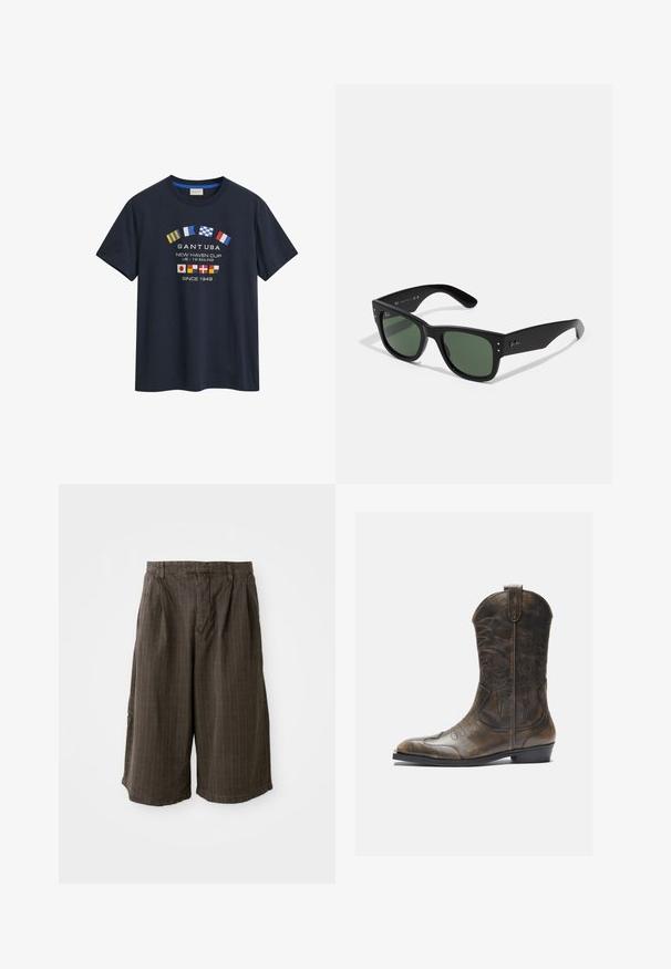 Tamsiai mėlynas medvilninė marškinėliai su apvaliu kaklu ir trumpomis rankovėmis. Priekyje yra įvairių šalių vėliavos ir užrašas "GANT USA".; Rudos dryžuoti šortai su laisvu siluetu. Pagaminti iš lengvos medžiagos, turi klostes ir apvadu hemui pridėti detalių.; Rudos odinės kaubojų botai su aukšta ašimi, smailiu pirštu, sudėtingomis siuvimo raštais ir mažu kulnu. Tekstūruotas paviršius visame ilgyje.; Juodos stačiakampės saulės akinių rėmelių su žaliais lęšiais, matinio paviršiaus, subtiliais detalėmis ir iškilniu logotipu ant šventyklos.; G-Shock laikrodis su skaidriu dervos korpusu, mėlynu ciferblatu, metaliniais akcentais, skaitmeniniu ekranu ir tekstūruotu silikono dirželiu. Atsparus vandeniui iki 20 barų.