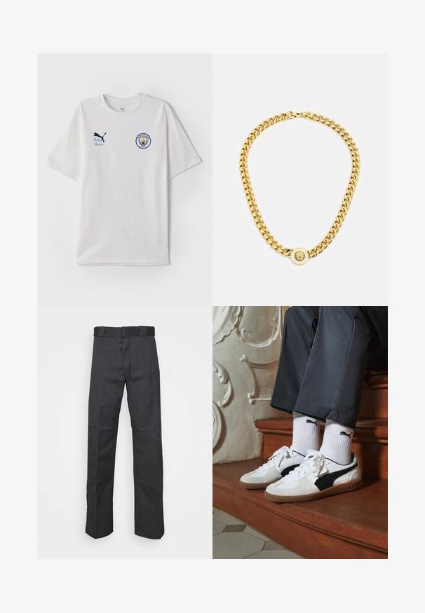 Valge puuvillane T-särk, millel on lühikesed varrukad, ümar kaelus, sinine ja punane Manchester City logo ning sinine Puma logo.; Mustadest kangast püksid, mis on valmistatud vastupidavast materjalist, sirge jala disainiga, vöökoha jaoks nööbid ja õmblused lisatekstuuri saavutamiseks.; Puma tossud valgest ja mustast südamikust, millel on pruun kummi tall. Kombineeritud valgete sokkidega, millel on must logo, kantud tumedate pükstega.; Kuldne kett kaelakee suurte omavahel ühendatud linkidega, mille keskel on ringikujuline ripats, millel on kõrgendatud emblem.