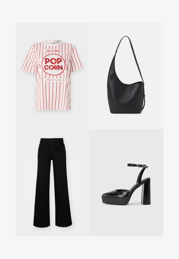 Hvit T-skjorte med røde vertikale striper, med et rundt popcorn grafikk og glitrende rød tekst "POP CARN" og "CRISP TASTE" under.; Svart vide bukser laget av denim, med en strukturert midjebånd, beltestropper og frontlommer. Glatt tekstur med et klassisk design.; Sorte plattformhelter med spiss tå og justerbar ankelrem. Laget av glatt lær, med en robust blokkhel.; Svart lær hobo-veske med glatt tekstur, buet form og enkelt justerbart stropp; har en bred åpning på toppen.
