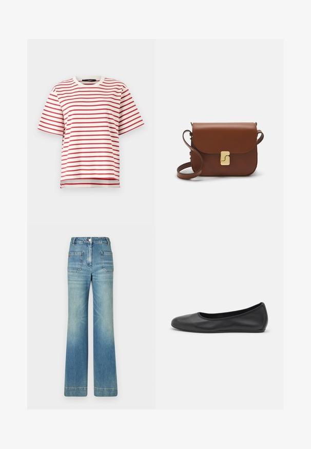 Rood-wit gestreept t-shirt met een ronde halslijn en korte mouwen. Gemaakt van een lichtgewicht stof met een ontspannen pasvorm.; Lichtblauwe spijkerbroek met flared model, vijf zakken, riemlussen, knoopsluiting en een licht vervaagd textuur, met een rode logo-detail op de achterkant.; Zwarte leren ballerina met een ronde neus, gladde textuur, minimale stikdetails en een flexibele zoolontwerp.; Bruine leren handtas met een klep sluiting, gouden hardware, een schouderband en een gladde textuur. Compact rechthoekige vorm.