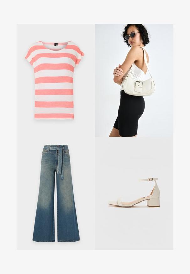 Prugasta majica s koraljnim i bijelim horizontalnim prugama, okruglim izrezom i kratkim rukavima. Izrađena od lagane, teksturirane tkanine.; Široke traperice s gradijentom od svijetloplave do tamnoplave, visokog struka, petljama za remen i remenom od istog materijala. Teksturirana traper tkanina.; Svjetlo bež sandale s blok petom i kvadratnim prstom. Imaju tanke naramenice s kopčom, glatku teksturu kože i umjerenu visinu pete.; Bijela kožna torbica s zakrivljenim oblikom, podesivim remenom i malim detaljem kopče. Model nosi usklađeni crni outfit.