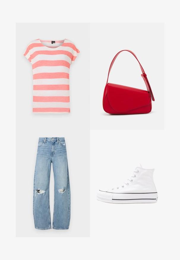 Raidallinen t-paita, jossa on korallinvärisiä ja valkoisia vaakaraitoja, pyöreä kaula-aukko ja lyhyet hihat. Valmistettu kevyestä, rakenteellisesta kankaasta.; Vaaleansiniset, korkeavyötäröiset farkut, jotka on valmistettu denimmateriaalista. Ominaisuuksiin kuuluvat leveät lahkeet, kaksi revittyä polvialuetta ja klassinen viiden taskun tyyli.; Valkoiset korkeavartiset kangaskengät mustalla kumipohjalla, edessä kuminen varvasosa ja kuusi nauha-aukkoa, puhtaan minimalistisella muotoilulla.; Punainen nahkalaukku, jossa on kulmikas, geometrinen muotoilu. Varustettu yhdellä säädettävällä hihnalla ja läpällä, jossa on ommeltu yksityiskohtia.