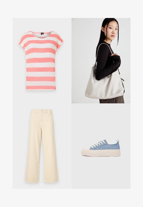 Dryžuota marškinėlių su koralų ir baltomis horizontaliosiomis juostelėmis, apvaliu iškirpimu ir trumpomis rankovėmis. Pagaminti iš lengvos, tekstūruotos medžiagos.; Bežinės plačios kojos džinsai, pagaminti iš medvilnės. Turintys sagos uždarymą, diržo kilpas ir priekinės kišenes su lygia, švelnia tekstūra.; Šviesiai mėlyni drobės sportbačiai su kreminiu guminiu pirštų apsaugos ir pado elementu, balti raišteliai ir kilpa ant kulno.; Bežinė rankinė, pagaminta iš minkštos medžiagos, turinti laisvą dizainą, siuvinėtas detalės ir dvi petnešos. Tinkama kasdieniam naudojimui.