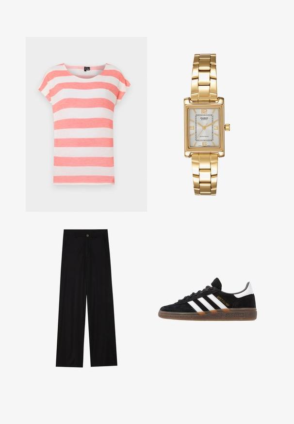 Ribadelt särk korallpunaste ja valgete horisontaalsete triipudega, ümmarguse kaeluse ja lühikeste varrukatega. Valmistatud kergest, tekstuurist kangast.; Laiad mustad püksid, mis on valmistatud siledast kangast, esipoolse taskuga ja nööbkinnitusega vööl. Minimalistlik disain ilma mustriteta.; Mustad must Adidas'i sneaker valgete triipudega, kuldse "Spezial" tekstiga, kummi tallaga ja valge kontsaga, kujutatud külgvaates.; Kuldtooni ristkülikukujuline käekell valge puidust näidikuga, hõbedaste tundide markeritega ja vastupidava metallist link-ribaga. Veekindel omadus on kaasas.