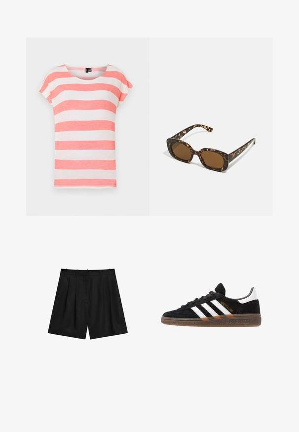 Stribet t-shirt med koralrøde og hvide vandrette striber, rund halsudskæring og korte ærmer. Fremstillet af letvægts, tekstureret stof.; Sorte skræddersyede shorts lavet af et glat, let stof. Har folder, to sidelommer og et enkelt design på taljen.; Sort Adidas sneakers med hvide striber, guld "Spezial" tekst, gummisål og hvid hælflap, vist i profil.; Skildpadde-solbriller med en rund, kraftig ramme og brune linser. Har subtile mønstre og lige, afsmalnende stænger.