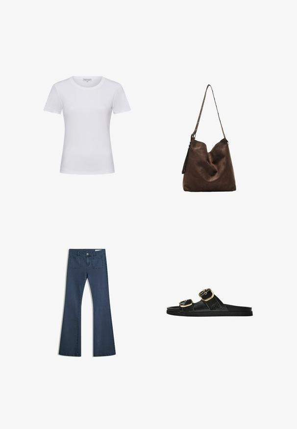 White short-sleeve t-shirt made of soft cotton fabric, featuring a classic crew neck and a smooth, plain surface with no patterns.; Dark blue flared denim jeans with stitched pockets, a button closure, and a smooth texture. Features a classic five-pocket design.; Black slide sandal with two gold buckle accents, smooth textured material, flat sole, and a minimalist design.; Brown suede hobo bag with a curved top, a long strap with dot accents, and a soft texture. Features slouchy design for casual use.