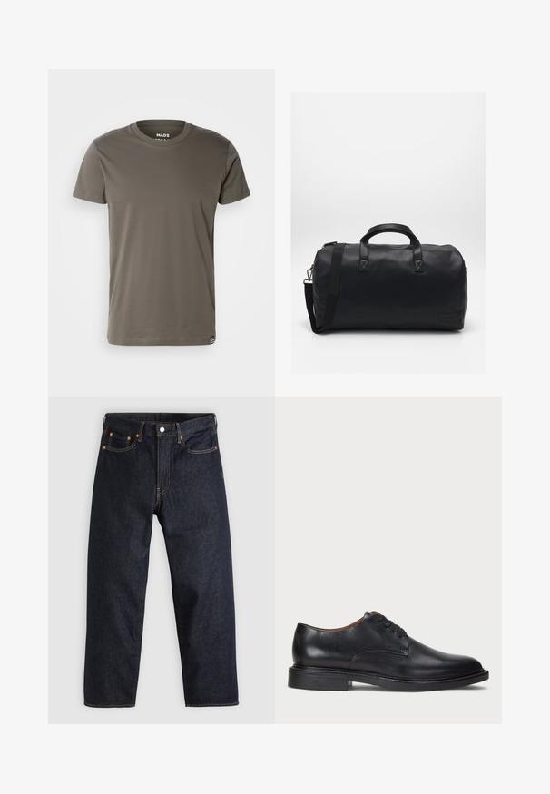 Mads Nørgaard THOR TEE - Tricou basic - beluga; Jeans de denim albastru închis, cu croială dreaptă, cinci buzunare, cusături contrastante de portocaliu și fermoar cu buton. Fără modele sau embellishments vizibile.; Pantofle din piele neagră cu vârful rotund, design cu șireturi și toc jos stratificat. Textură netedă cu detalii de cusătură minime.; Geanta duffel neagră, realizată dintr-un material sintetic texturat. Dispune de două mânere și o curea de umăr ajustabilă. Design simplu, fără modele vizibile.