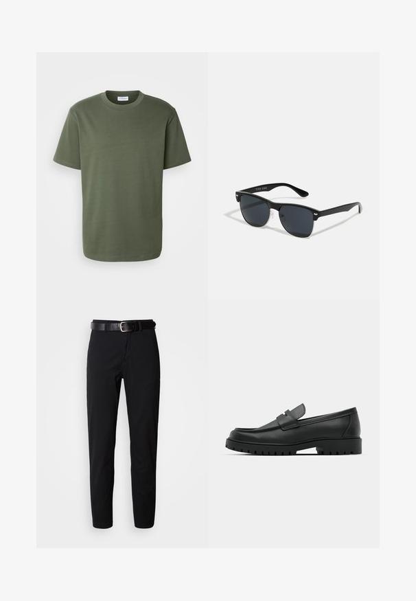 Lindbergh O-NECK TEE S/S - Paprasti marškinėliai - olive; Juodi kelnių modeliai su tiesiu kirpimu, turintys lygų paviršių ir juodas odinis diržas su sidabriniu sagtimi. Paprastas dizainas, be raštų ar akcentų.; Juodi odiniai loaferiai su apvalia nosimi, su siuvinėtu dizainu, žemu platformos padu ir tekstūruotu, sukibimo raštu padu.; Juodos saulės akinių su stačiakampiu rėmeliu, tamsiais lęšiais, sidabrinėmis detalėmis šventrajose ir matinio paviršiaus rėmeliu.
