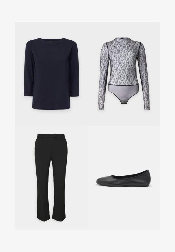 WEEKEND MaxMara MULTIA - Maglietta a manica lunga - blu; Body a maniche lunghe nero in pizzo trasparente con motivi floreali. Presenta un collo alto e un bordo nero a contrasto sui bordi e sull'orlo.; Pantaloni neri su misura con design a gamba dritta, dotati di passanti per cintura e tasche laterali. Realizzati in tessuto liscio con una finitura pulita.; Pantofole da balletto nere in pelle con punta arrotondata, texture liscia, dettagli di cucitura minimi e design con suola flessibile.