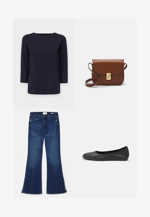 WEEKEND MaxMara MULTIA - Langarmshirt - blu; Dunkelblaue, ausgestellte Jeans aus Denim. Mit hoher Taille, vorderen Taschen und Schlitzen am Saum. Klassisches Fünf-Taschen-Design.; Schwarze Leder-Ballettschuhe mit abgerundeter Spitze, glatter Textur, minimalen Nähdetails und einem flexiblen Sohlen-Design.; Braune Ledertasche mit Klappenverschluss, Beschlägen in Goldfarbe, einem Schultergurt und einer glatten Oberfläche. Kompakte rechteckige Form.
