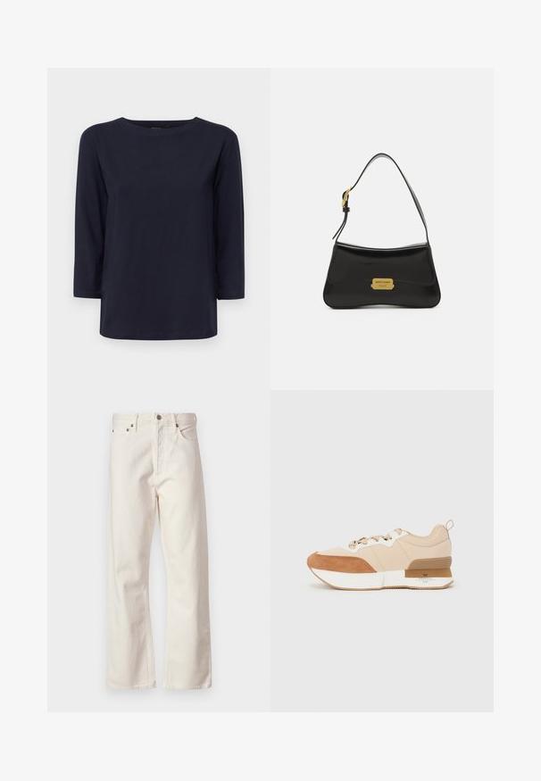 WEEKEND MaxMara MULTIA - Long sleeved top - blu; White denim jeans with a straight-leg cut, featuring a classic five-pocket design, metal button closure, and subtle texture.; Sneaker featuring a beige fabric upper with tan suede accents, a white midsole, and a rubber outsole with a branding detail.; Black leather handbag with a curved design, gold logo plate accent, and a slim shoulder strap. Smooth texture with a sleek finish.