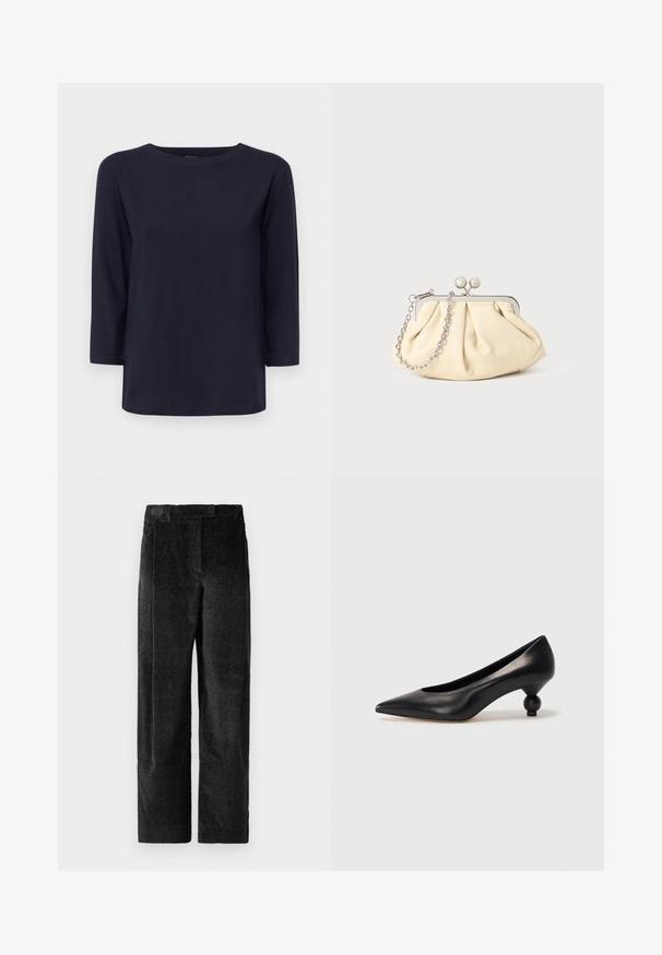 WEEKEND MaxMara MULTIA - Long sleeved top - blu; Black, textured wide-leg trousers with a pronounced weave, featuring front pleats and a flat waistband. Classic design for versatility.; Black leather high heel shoe with a pointed toe and a round, balled heel. Smooth texture with a sleek, minimal design.; Pleated beige leather clutch with a silver metal frame, featuring two round decorative clasps and a silver chain strap.