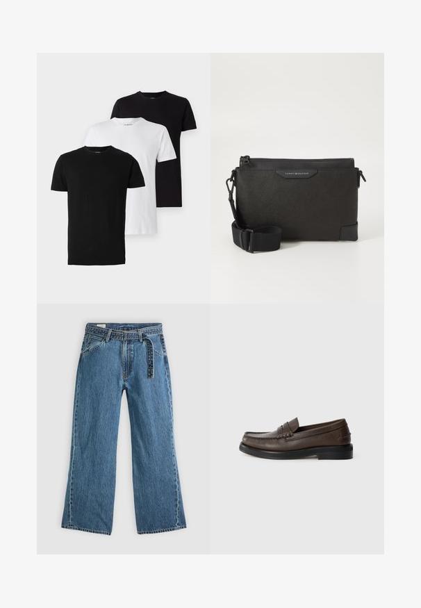 Három kereknyakú póló fekete, fehér és sötétszürke színben. Pamutból készült, rövid ujjúak és standard szabásúak.; Kék farmer széles szárú nadrág, hozzáépített övvel, elülső zsebekkel és látható varrással, sima világos háttéren.; Barna bőrből készült mokaszin, varrott részlettel az orrán, lapos talppal és alacsony, rétegezett sarokkal. Simább textúrájú, minimalista dizájn elemekkel.; Fekete bőr keresztbody táska textúrás felülettel, cipzárral és állítható pánttal. Logó címke elöl. Téglalap alakú.
