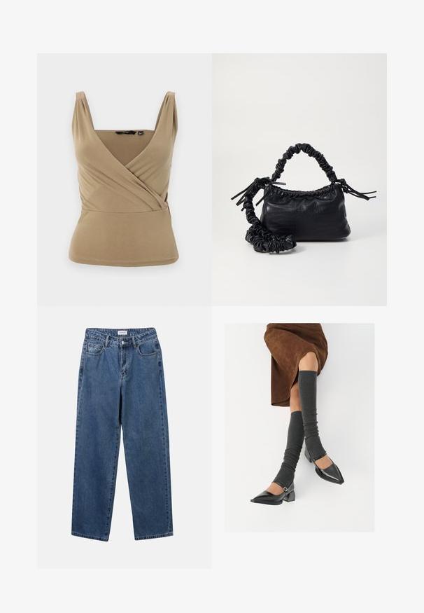 Beige ärmlös topp med djup V-ringning och omslagsdesign. Tillverkad av ett mjukt tyg med subtila veck vid axlarna och figursydd midja.; Klassiska blå denimjeans med rak benform, fem fickor och knäppning. Har en medelblå tvättning och stadig textur.; Svarta lackläderskor med spetsig tå, blockklack och ankelrem, i kombination med grå ribbade benvärmare och en brun mockakjol.; Svart faux läderhandväska med krokodiltextur, snodd topp och en skrämd rem. Ser mjuk och kompakt ut i designen.