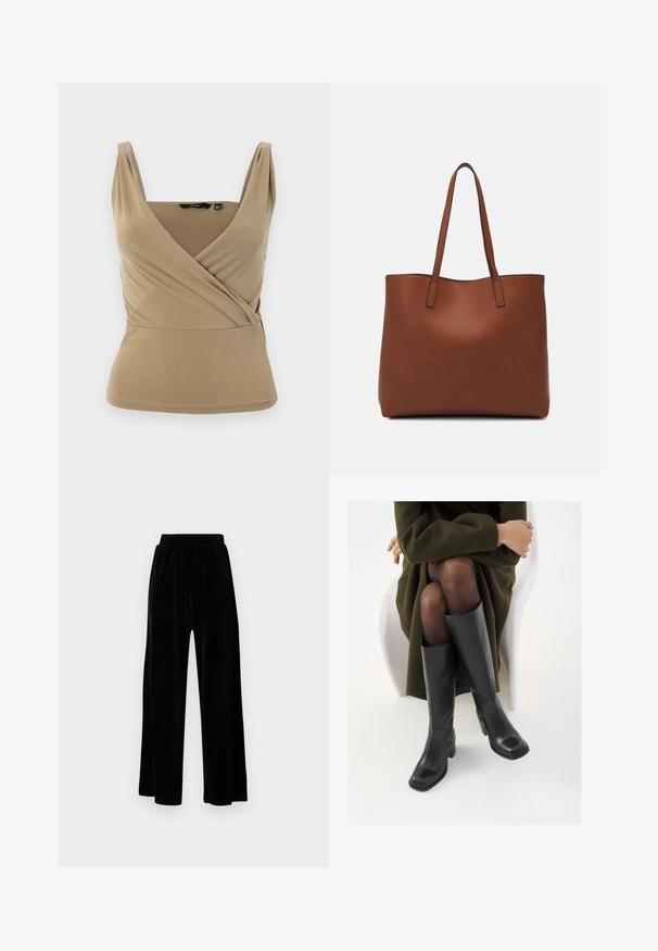 Beige ujjatlan felső mély V-kivágással és átkötős dizájnnal. Simább anyagból készült, finom redőzéssel a vállaknál és testhezálló derékkal.; Fekete, széles szárú nadrág puha velúrból, rugalmas derékkal és sima textúrával, látható díszítés vagy mintázat nélkül.; Térdfelett érő fekete bőr csizmák négyzet alakú orral és tömbtalppal, olajzöld kabátban ülő modellel bemutatva. Simaság, minimalista részletezés.; Barna bőr vászontáska sima textúrával, nyitott tetejű dizájnnal és két vállpánttal. Minimális varrással és látható hardver nélkül készült.