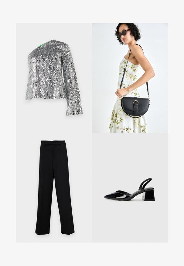 Srebrna dugosvjetlucava majica s dugim rukavima s dijagonalnim izrezom i teksturiranom tkaninom. Sadrži reflektivne šljokice po cijeloj površini, stvarajući sjajni efekt.; Crne široke hlače od glatkog materijala, s klasičnim pojasom koji se zatvara dugmetom i prednjim naborima.; Crne lakirane kožne sandale s otvorenom petom i špicastim vrhom, s geometrijskom blok petom. Imaju elegantan, minimalistički dizajn i glatku teksturu.; Crna kožna torba s lukovitim oblikom, odvojivim remenom i zlatnim detaljima. Torba ima preklop s kopčom.