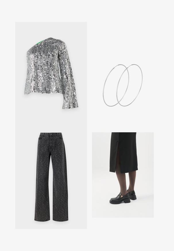 Zlata dolgomanžetna majica s diagonalo dekoltejem in teksturirano tkanino. Ponuja odsevne svečke po celotni površini, kar ustvarja bleščeč učinek.; Noisy May NMJANNEL LOOSE - Široke kavbojke - black denim; Črne usnjene čevlje s zaobljenim prstom, debelim blokastim petama in elastičnimi stranskimi detajli, v kombinaciji s temno nogavicami in črno krilo z razporkom.; Srebrne uhane v obliki obroča z minimalističnim dizajnom. Krožna oblika, gladka tekstura in tanek profil. Lahki s poliranim zaključkom.