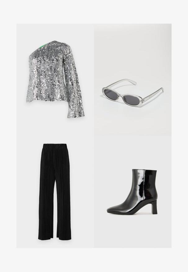 Sidabrinė blizgučiais dekoruota ilgas rankoves palaidinė su įstrižiniu iškirpimu ir tekstūruotu audiniu. Pasižymi atspindinčiais blizgučiais, kurie sukuria švytinčią efektą.; Juodi plisuoti kelnės su elastine juosta. Turėkite plačias kojas ir glotnų, tekstūrinį audinį su vertikaliais dryžiais.; Juodos lakuotos odinės aulinukės su smailiu pirštu ir vidutinio aukščio blokuotu kulnu. Lygus paviršius ir minimalistinis dizainas.; Akiniai nuo saulės ovalo formos, su skaidriu plastiko rėmu, tamsiai pilkais objektyvais ir plonomis skaidriomis šakėmis, dekoruotais logotipų akcentais ir minimaliais detalėmis.; Juoda odinė rankinė su dviem ilgais diržais, lygiu paviršiumi ir struktūrizuota forma. Yra priekinė kišenė papildomam saugojimui.