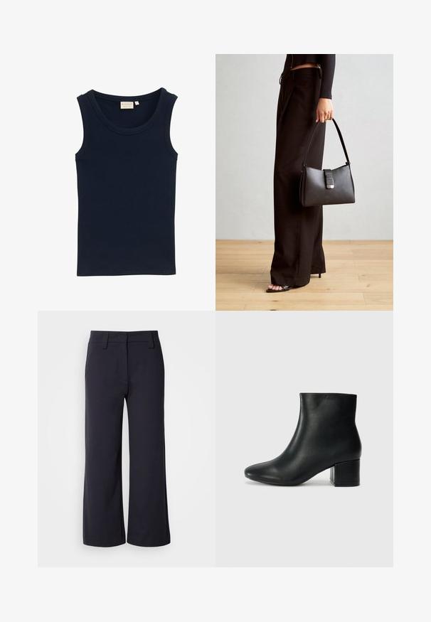 TOM TAILOR - Top; Spodnie o szerokich nogawkach w ciemnonawowym materiale. Posiadają płaski przód, szlufki na pasek oraz kieszenie boczne. Materiał jest gładki z lekkim streczem.; Czarne skórzane botki za kostkę z ostrym noskiem i masywnym obcasem. Gładka tekstura z minimalnymi akcentami i elegancki, dopasowany fason.; Czarna torebka o usztywnionym kształcie, gładkiej fakturze i metalowym zapięciem. Połączona z szerokimi czarnymi spodniami i sandałami na otwartym palcu na drewnianej podłodze.