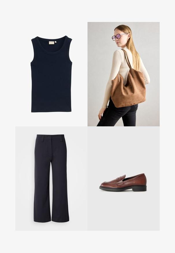 TOM TAILOR MIT STRUKTUR - Toppi - sky captain blue; Vaatteet leveälahkeiset housut tumman laivastonsinisen kankaan. Ominaisuuksia litteä etuosa, vyölenkit ja sivutaskut. Materiaali on sileä ja siinä on kevyt jousto.; Ruske nahkaste loferje z izšitimi podrobnostmi na prednjem delu, zaobljenim prstom in nizkim črnim gumijastim podplatom. Blagovna znamka je vtisnjena na strani.; Ruskea nubukkivuoriolaukku, jossa on pehmeä rakenne, tilava avaus ja pitkät hihnat. Ominaisuuksiin kuuluu yksinkertainen muotoilu näkyvine ompeleineen ja ilman metalliosia.