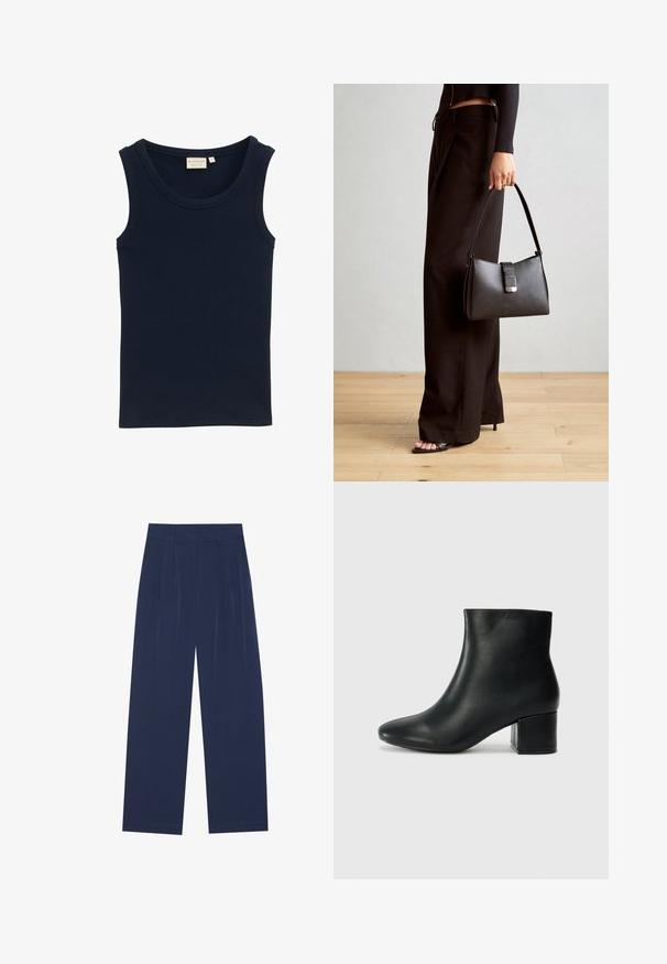 TOM TAILOR MIT STRUKTUR - Tops - sky captain blue; Tumši zili platleņķa bikses, kas izgatavotas no mīksta auduma, ar priekšējo krokām, gludu tekstūru un taisnu piegriezumu bez redzamām kabatām.; Melna ādas potīšu zābaki ar smailu purngalu un masīlu papēdi. Gluda tekstūra ar minimāliem akcentiem un gludu, pieguļošu dizainu.; Melnā somiņa ar strukturētu formu, gludu tekstūru un metālu sprādzi. Saskaņota ar platām melnām biksēm un sandālēm ar atvērtu purngalu uz koka grīdas.