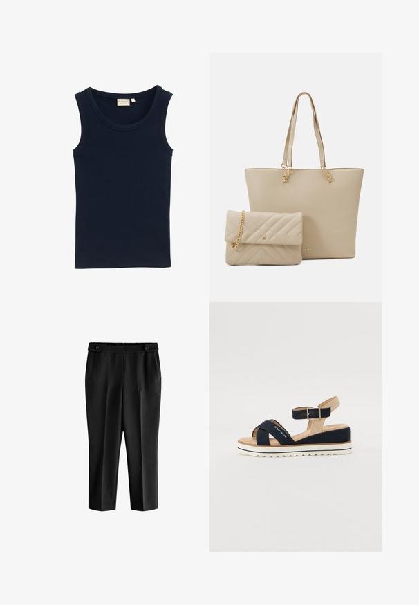 TOM TAILOR MIT STRUKTUR - Top - sky captain blue; Black cropped trousers with a relaxed fit, elastic waistband, and two front pockets. Fabric has a smooth texture with a slightly shiny finish.; Navy blue sandal with two fabric straps, adjustable ankle strap, and textured beige back. Thick, white, scalloped sole. Brand printed on strap.; Beige tote bag with flat handles, smooth texture, and gold hardware, paired with a matching quilted clutch featuring a chain strap.