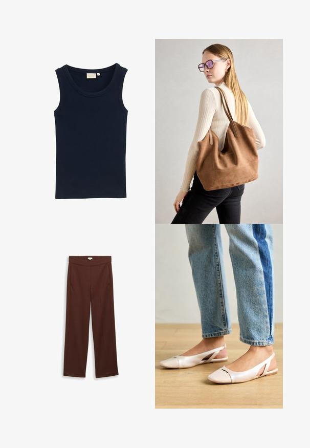 TOM TAILOR MIT STRUKTUR - Top - sky captain blue; Pantaloni a gamba larga marroni con vita elasticizzata, caratterizzati da una texture liscia e un motivo sottile. Progettati con tasche laterali e una vestibilità su misura.; Ballerine slingback rosa pallido con punta affusolata, realizzate in un materiale simile alla pelle liscio. Presentano dettagli a taglio sui lati e un tacco piatto.; Borsa a tracolla in suede marrone con texture morbida, ampia apertura e lunghe cinghie. Caratterizzata da un design semplice con cuciture visibili e senza accessori.