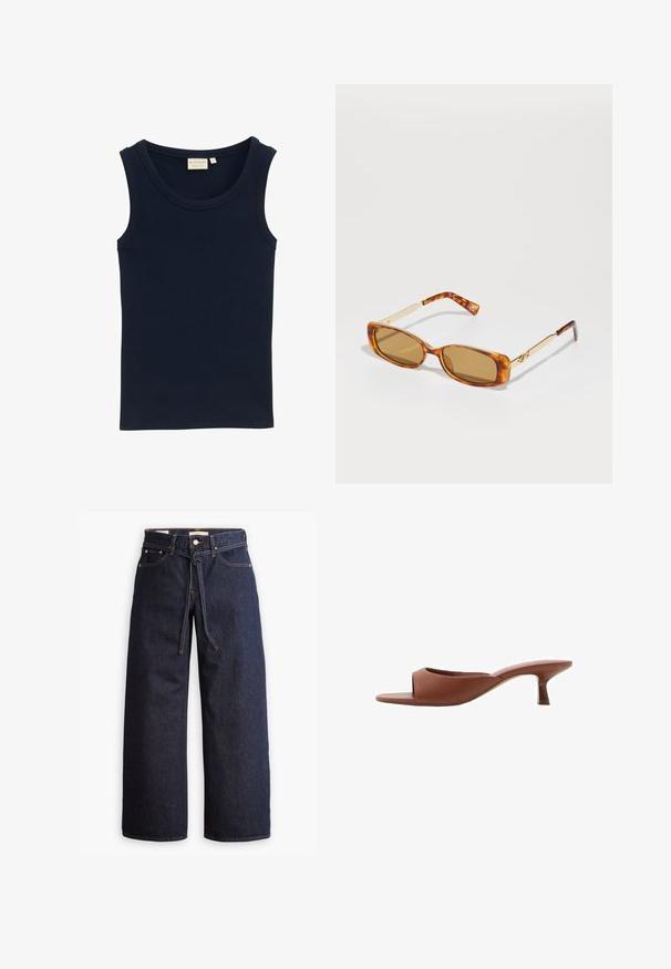 TOM TAILOR MIT STRUKTUR - Top - sky captain blue; Jeans de mezclilla oscuros de pierna ancha con cintura alta, que cuentan con un lazo ajustable, cinco bolsillos y detalles de costura en contraste.; Mule de tacón abierto en color marrón con un acabado suave y mate, que presenta un diseño curvado y un tacón transparente y afilado.; Gafas de sol de carey marrón con montura rectangular, brazos de metal dorado y lentes de color marrón claro. Diseño elegante, sin logotipos visibles.; Bolso de mano de cuero marrón tejido con forma redondeada, doble asa superior y textura suave; presenta costuras sutiles como detalle de diseño.; Pendientes de aro de oro con un diseño suave y redondeado; superficie pulida y cierre abierto, con una costura sutil para asegurar.