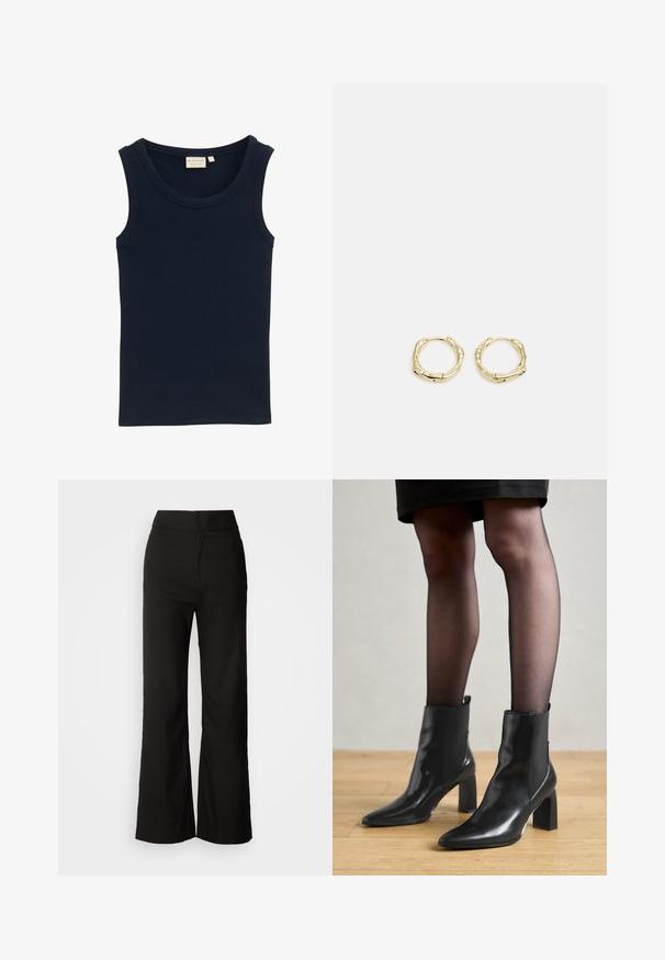 TOM TAILOR MIT STRUKTUR - Top - sky captain blue; Sorte bukser med bred benvidde, glat tekstur, høj talje og et enkelt design. Ingen synlige lommer eller udsmykninger.; Sorte læderankelstøvler med spids tå, kraftig firkantet hæl og slankt design. Har elastiske sidepaneler for nem påtagning.; Gul hoop ørestikker med en struktureret, uregelmæssig form. Har en sømløs lukning og en poleret overfladefinish, der fremhæver et moderne design.