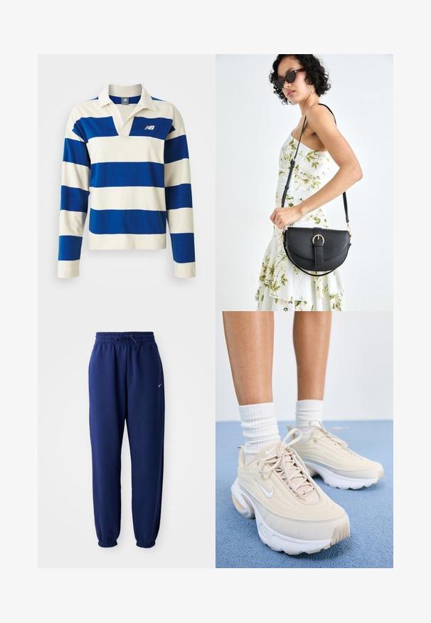 Long-sleeve rugby shirt with wide blue and white horizontal stripes and a collar, featuring a white New Balance logo on the chest.; Navy blue sweatpants made of soft fabric, featuring an elastic waistband with drawstring, elastic cuffs, and a small white logo.; Beige athletic shoes with a textured upper, white laces, and a thick white sole. The design features subtle curves and a small logo.; Black leather handbag with a curved shape, detachable strap, and gold hardware. The bag features a flap with a buckle detail.