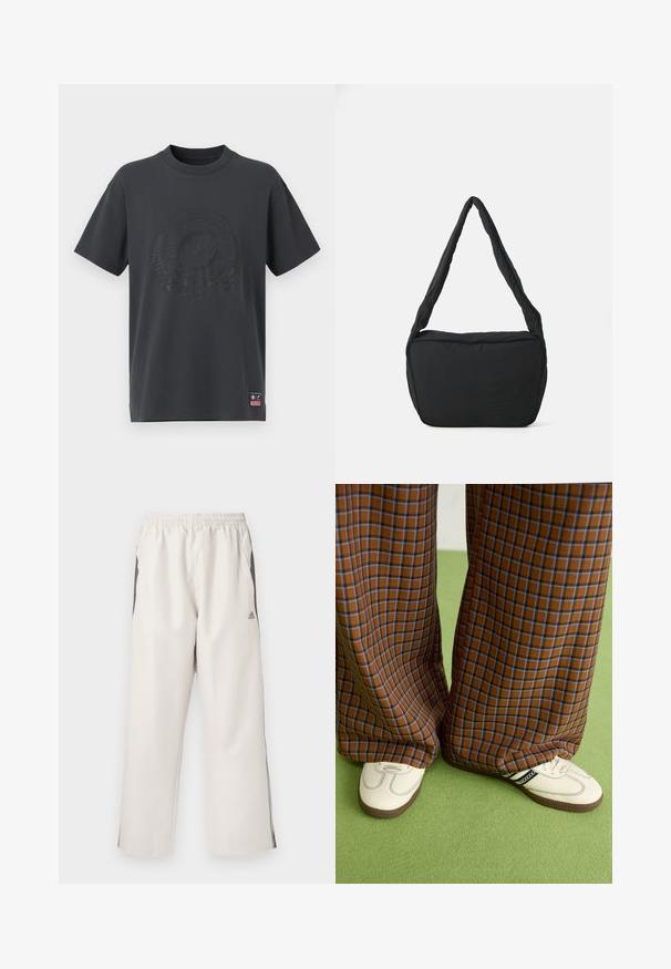Mørk grå bomull T-skjorte med rund hals, korte ermer, og en tone-i-tone preget logo samt dekorative elementer på forsiden. Liten rosa etikett i sømmen.; Lys beige joggebukser med elastisk liv, sidelommer, svarte sidestreker og et Adidas-logo på venstre lår. Glatt stofftekstur.; Brune og blå rutete vide bukser sammen med hvite sko med svarte detaljer og teksturerte såler, satt mot en grønn bakgrunn.; Svart skulderveske med polstret tekstur, rund form og bred stropp, med et preget logo på forsiden.