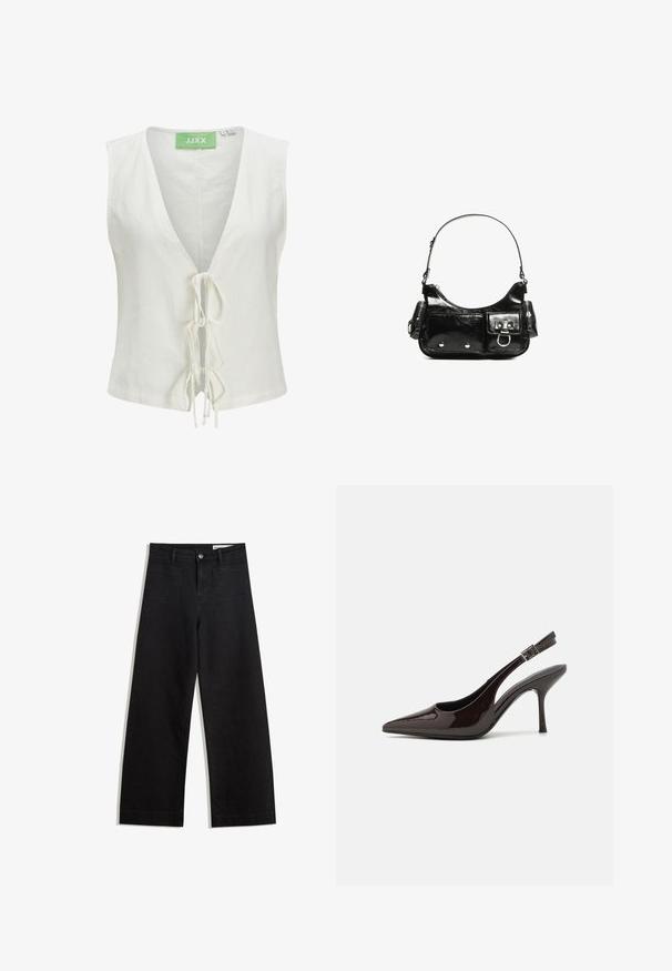 Biela bezrukávová blúzka s hlbokým výstrihom do V, s predným viazaním a jemnou textúrou. Štítok na krku je zelený s potlačou "JJXX".; Čierne denimové nohavice s širokými nohavicami a vysokým pásom, so prednými a zadnými vreckami, šitými švami a zapínaním na gombík. Hladká textúra.; Slingback vysoké opätky v lesklej tmavohnedej lakovej koži, so špicatou špičkou, otvorenými stranami a nastaviteľným remienkom na členku.; Čierna laková kožená kabelka s ohnutým tvarom, jedným ramenným popruhom, prednými vreckami a striebornými kovovými doplnkami.