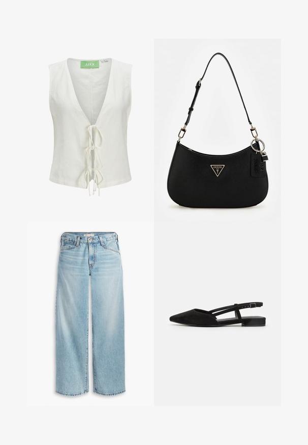 Bílý top bez rukávů s hlubokým výstřihem do V, se zavazováním vpředu a jemnou strukturou. Štítek na krku je zelený s potiskem "JJXX".; Svetle modré široké džíny z denimu, s vysokým pasem, knoflíkovým zapínáním a roztrhaným lemem. Viditelné švy a kapsy.; Černé semišové baleríny na podpatku s špičatou špičkou, otevřenými stranami a plochým podpatkem. Nastavitelný pásek kolem kotníku má kovovou sponu.; Černá syntetická taška přes rameno s zakřivenou siluetou, strukturovaným povrchem, zlatým trojúhelníkovým logem a odnímatelnými kovovými akcenty.