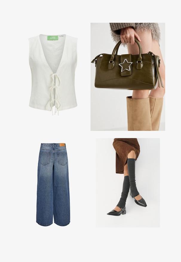 Witte mouwloze top met een diepe V-hals, voorzien van een voorknoopsluiting en subtiele textuur. Het label op de hals is groen met "JJXX" erop gedrukt.; Brede denim culottes in een middelblauwe wassing met een vervaagde textuur, voorzien van twee achterzakken en een bruine leren merklabel op de tailleband.; Zwarte gepatineerde leren pumps met een puntige neus, een blokhak en een enkelbandje, gecombineerd met grijze geribde beenwarmers en een bruine suède rok.; Olijf groen neplederen handtas met zilveren steraccent, dubbele handvatten en een ritssluiting. Gelaagd oppervlak en gestructureerde vorm.