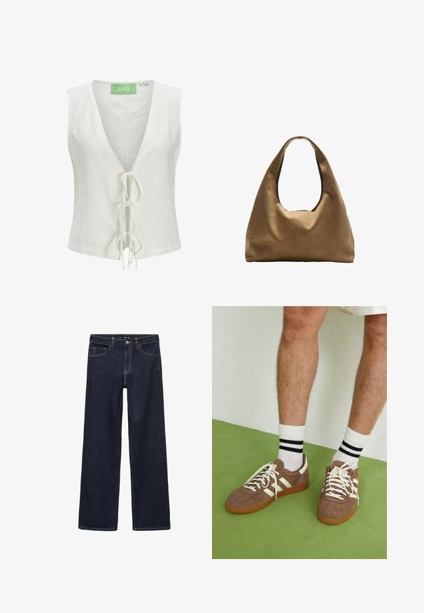 Bijela bezrukavna majica s dubokim V-izrezom, koja ima prednje vezanje i suptilnu teksturu. Ispod vrata je oznaka zelene boje s natpisom "JJXX".; Tamno plave traperice s opuštenim krojem. Imaju visoki struk, pet džepova i kontrastno šivanje. Ravne nogavice, bez ukrasa.; Smeđe nubuk tenisice s bijelim detaljima i vezicama. Gumeni potplat. Nosene s bijelim čarapama s crnim prugama. Zeleno teksturirano pod.; Smeđa platnena torba za rame s širokim, zaobljenim tijelom i velikim izrezanim drškom. Mekana tekstura, minimalistički dizajn i bez vidljivog hardvera.