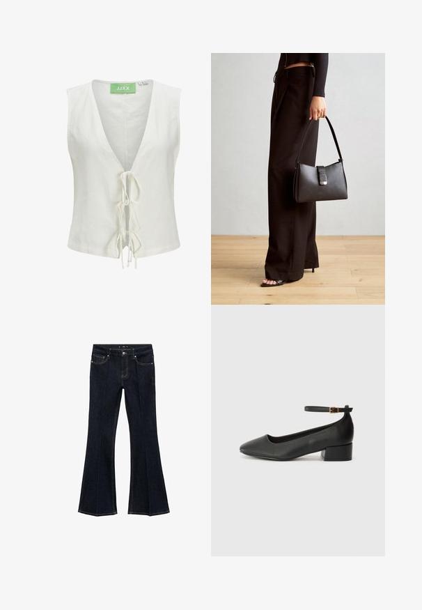 White sleeveless top with a deep V-neck, featuring a front tie closure and subtle texture. Label on the neck is green with "JJXX" printed.; Dark blue denim jeans with high waist, front pockets, and flared wide legs, displayed flat on a white background.; Black leather pump with a pointed toe and a low block heel. Features an ankle strap with a gold-tone buckle. Smooth texture.; Black handbag with structured shape, smooth texture, and a metallic clasp. Paired with wide black pants and open-toe sandals on wooden floor.