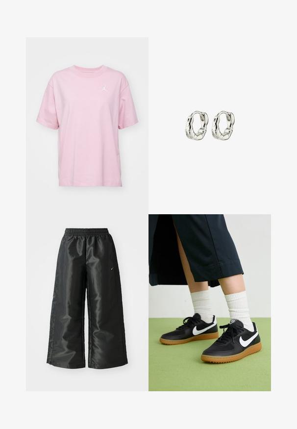 Jordan - T-shirt basic; Czarne spodnie sportowe z błyszczącego, gładkiego materiału, z elastycznym paskiem w talii, szerokimi nogawkami i małym logo po lewej stronie.; Czarne skórzane i syntetyczne sneakersy z białym logo Nike, gumową podeszwą, okrągłym noskiem i czarnymi sznurowadłami. Widziane są ribbowane białe skarpetki.; Srebrne kolczyki w kształcie obręczy z teksturowanym, organicznym wzorem. Każdy kolczyk charakteryzuje się gładkim, okrągłym kształtem i wypolerowaną powierzchnią.