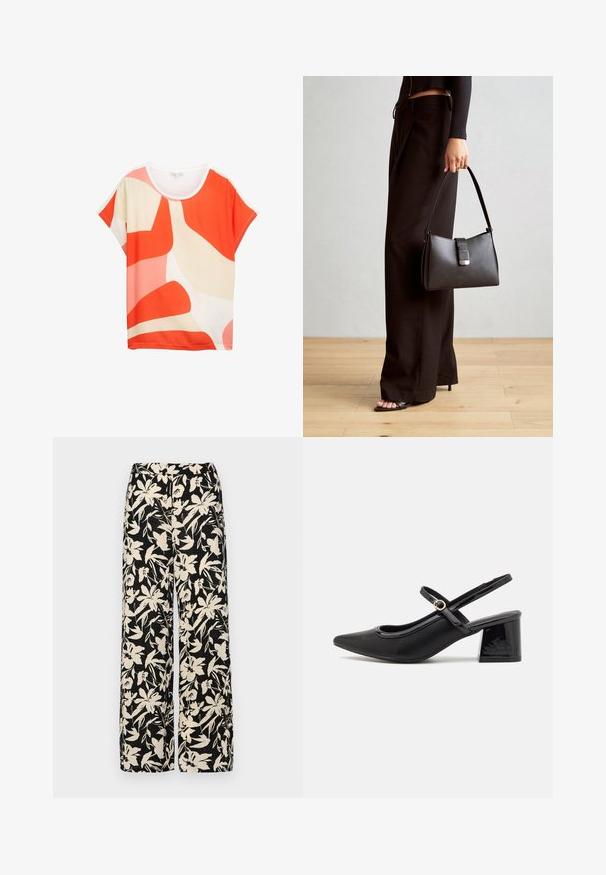 Helles kurzärmeliges Oberteil mit abstrakten Mustern in Orange, Rosa und Creme. Aus weichem Stoff mit rundem Ausschnitt und lockerer Passform.; Schwarze weit geschnittene Hose mit einem cremefarbenen Blumenmuster. Hergestellt aus leichtem Stoff, mit einer glatten Textur und einem hohen Bund.; Schwarze Lackleder-Slingback-Absätze mit spitzer Zehenform, einem runden Ausschnitt-Design und einem Blockabsatz. Mit einem goldfarbenen Schnallenakzent.; Schwarze Handtasche mit strukturierter Form, glatter Textur und einem metallischen Verschluss. Kombiniert mit weiten schwarzen Hosen und offenen Sandalen auf einem Holzboden.