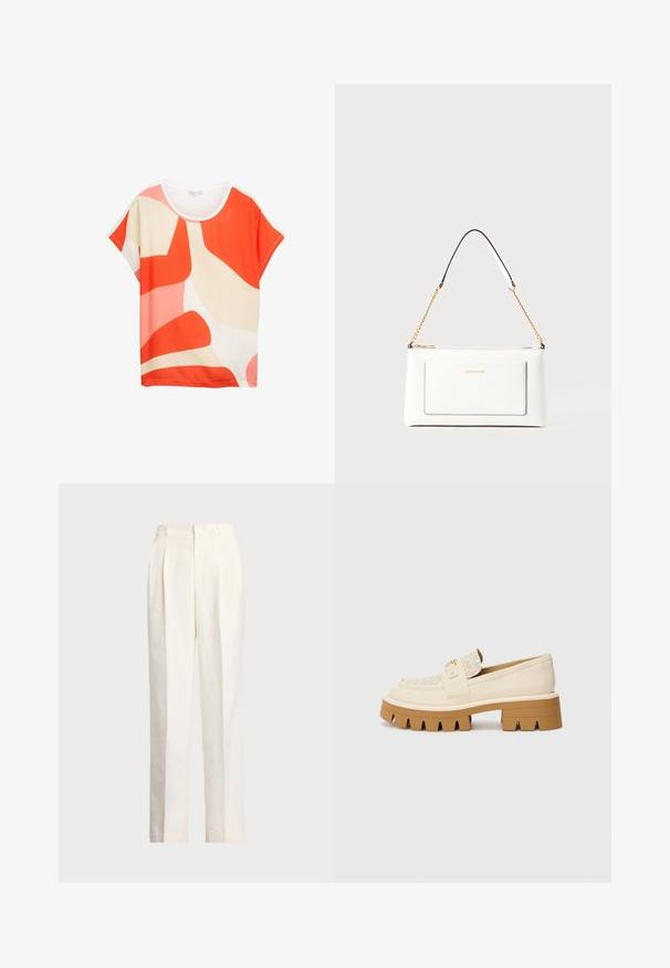 Top corto a maniche corte dai colori vivaci con motivi astratti in arancione, rosa e crema. Tessuto morbido con scollatura rotonda e vestibilità comoda.; Polo Ralph Lauren HEMP WIDE LEG PANT - Pantaloni - nevis; Mocassini beige con una cintura testurizzata color crema, caratterizzati da una suola spessa marrone con motivi a denti. Accento dorato sul dettaglio della fibbia.; Borsa a tracolla bianca in pelle con un finish testurizzato, dotata di una tracolla in catena dorata e accenti neri. Include una tasca frontale e una chiusura con zip.