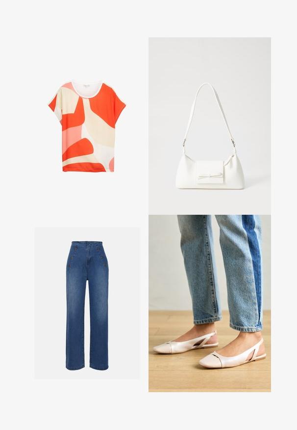 Camiseta corta de manga corta con patrones abstractos en naranja, rosa y crema. Tejido suave con cuello redondo y corte relajado.; Jeans de mezclilla de talle alto en azul medio. Presenta detalles de botones en la parte frontal y un diseño de pierna ancha. La tela tiene una textura suave con un ligero desvanecimiento.; Bailarinas de color rosa pálido con tiras traseras y punta puntiaguda, fabricadas con un material similar al cuero suave. Presentan detalles recortados en los laterales y un tacón plano.; Bolso sintético blanco con forma triangular, tapa frontal plana y detalle de lazo, correa ajustable, textura suave y diseño minimalista.