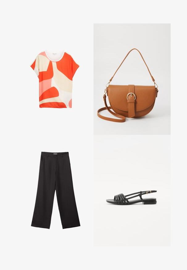 Bright short-sleeve top featuring abstract patterns in orange, pink, and cream. Soft fabric with a rounded neckline and relaxed fit.; Black wide-leg trousers made of smooth fabric, featuring a front zipper and two side pockets, with a tailored fit and minimalistic design.; Black flat sandals with a strappy design, featuring multiple leather straps and a slim ankle buckle. The sole is flat and rectangular.; Brown leather crossbody bag with a curved shape, gold hardware, and a buckle accent. Features a detachable shoulder strap.