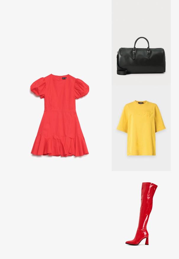 Žluté bavlněné tričko s kulatým výstřihem, krátkými rukávy a embosovaným logem v přední části. Měkká textura a volný střih.; Červené šaty s nafouklými rukávy, které mají přiléhavý korzet, rozšířený volánový lem a zapínání na zip na zádech, vyrobené z hladkého materiálu.; Červené lakované kozačky nad kolena s špičatou špičkou a výrazným blokovým podpatkem. Disponují lesklým povrchem a švy podél svršku.; Černá kožená cestovní taška s dvojitými uchy, stříbrnými detaily a nastavitelným ramenním popruhem. Hladký povrch s uzavíráním na zip.