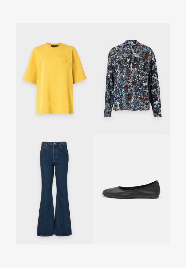Yellow cotton t-shirt with a crew neck, short sleeves, and embossed logo detail on the front. Soft texture and relaxed fit design.; Silk shirt with a high collar, featuring a dark blue base and multicolored butterfly and abstract patterns throughout. Long sleeves.; Dark blue flared jeans made of denim. Features high waist, five pockets, and contrast stitching. Smooth texture and clean finish.; Black leather ballet flat with a rounded toe, smooth texture, minimal stitching detail, and a flexible sole design.