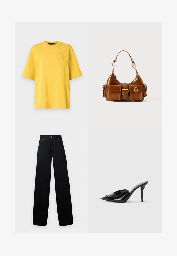 Gelbes Baumwoll-T-Shirt mit Rundhalsausschnitt, kurzen Ärmeln und geprägtem Logodetail auf der Vorderseite. Weicher Stoff und entspannte Passform.; Schwarze weit geschnittene Baumwollhosen mit Reißverschluss, zwei Fronttaschen und einem klassischen Fünf-Taschen-Design mit metallenen Hardware-Accenten.; Schwarze Leder-High-Heels mit offener Zehenpartie, spitzem Design, glatter Textur und schmalem Stiletto-Absatz.; Braune Lederhandtasche mit geschwungener Form, doppelter goldfarbener Hardware, zwei Fronttaschen und einem breiten Tragegurt. Glatte Textur mit elegantem Finish.