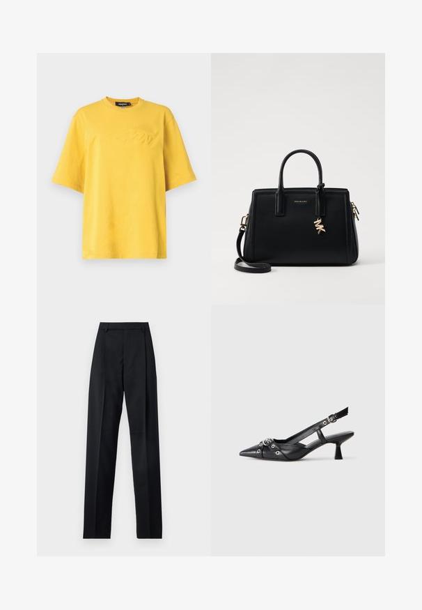 Keltainen puuvillapaita, jossa on pyöreä pääntie, lyhyet hihat ja kohokuvioitu logotyyli edessä. Pehmeä rakenne ja rento istuvuus.; Musta housut, jotka on valmistettu sileästä kankaasta ja joissa on korkea vyötärö, leveät lahkeet, etukaarteet ja klassiset vyölenkit. Ei näkyviä sivutaskuja.; Mustat nahkakengät, joissa on avonainen takaosa ja kärjessä terävä muoto, koristevyöt, joissa on metalliset reiät, sekä matala lohkoepohja. Teksturoitu pinta.; Musta nahkalaukku, jossa on jämäkkä muotoilu, kaksinkertaiset ylätangot, irrotettava olkahihna, kultalevjät ja logokoru koristeena.