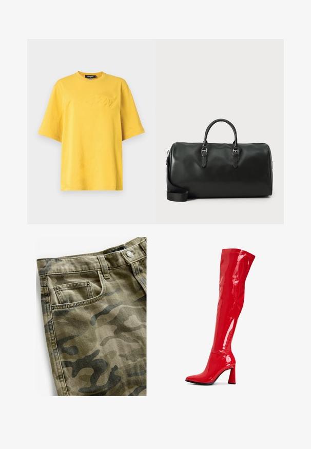 Camiseta de algodón amarilla con cuello redondo, mangas cortas y detalle de logo en relieve en el frente. Textura suave y diseño de corte relajado.; Next Shorts vaqueros - camo print; Bota de cuero sintético rojo brillante sobre la rodilla con puntera afilada y un audaz tacón cuadrado. Presenta un acabado brillante y detalles de costura a lo largo del caño.; Bolsa de viaje de cuero negro con dobles asas, herrajes plateados y una correa de hombro ajustable. Textura suave con cierre de cremallera.