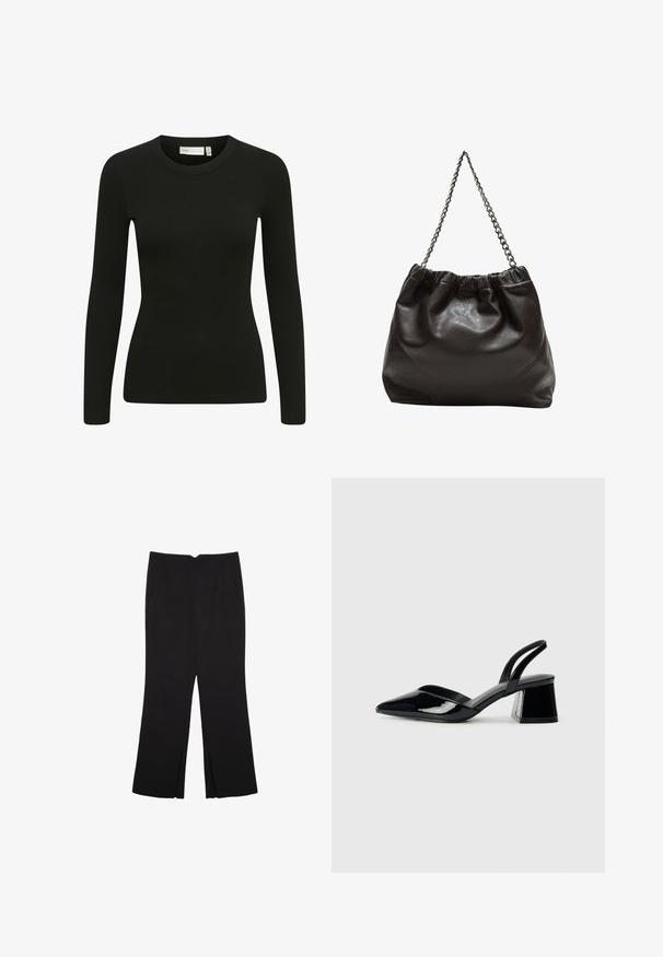 Crna dugih rukava rebrasta majica s okruglim izrezom i uskim krojem. Tkanina izgleda mekano s blagim istezanjem i suptilnom teksturom.; Crne hlače ravnog kroja, s prednjim džepovima i bočnim prorezima na rubu. Izrađene od mekog i glatkog materijala. Pogodne za razne prigode.; Crne lakirane kožne sandale s otvorenom petom i špicastim vrhom, s geometrijskom blok petom. Imaju elegantan, minimalistički dizajn i glatku teksturu.; Smeđa kožna torba s naboranim vrhom i lančićem za nošenje. Glatka tekstura s sjajnim završetkom i suptilnim šavnim detaljima sa strane.