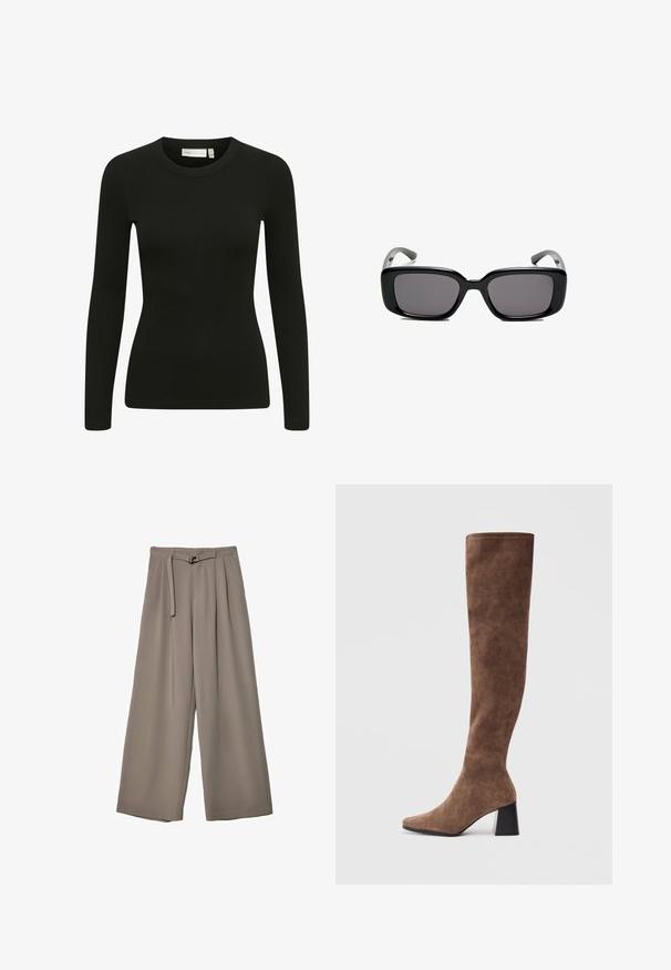 Schwarzes Langarm-Rippoberteil mit Rundhalsausschnitt und taillierter Passform. Der Stoff wirkt weich, mit einem leichten Stretch und subtiler Textur.; Weite Hose aus einem weichen, gedämpften grauen Stoff, mit einem taillierten Bund und Falten für zusätzliche Design-Details. Glatte Textur, keine Muster.; Braune Overknee-Stiefel aus weichem Wildleder mit spitzer Zehenform und einem massiven schwarzen Absatz. Das Design verfügt über nahtlose Nähte für einen eleganten Look.; Schwarze rechteckige Sonnenbrille mit dunklen Gläsern, glattem Kunststoffrahmen und gebogenen Bügeln. Das Design ist klobig mit einer minimalistischen Ästhetik.