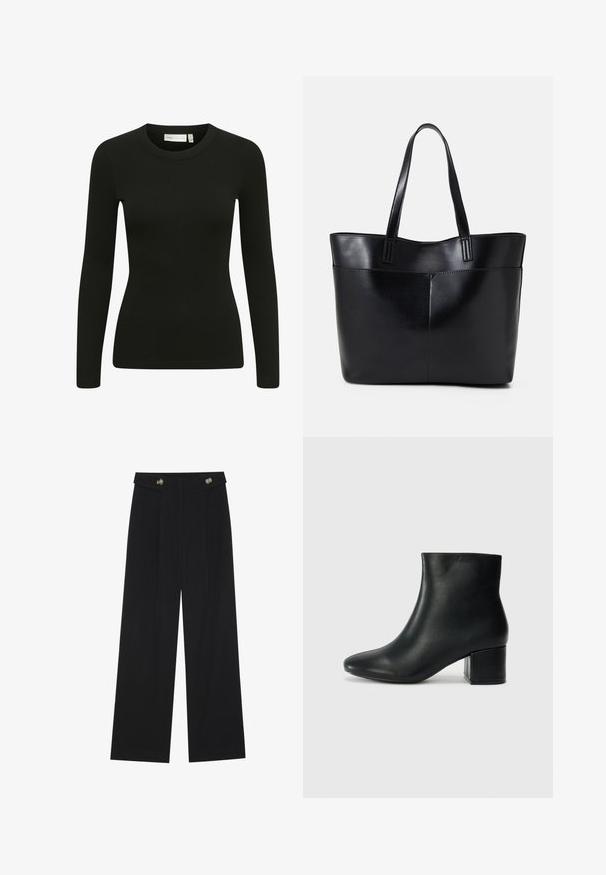 Črn dolgi rokav ribast top z okroglim izrezom in prilegajočim se dizajnom. Tkanina se zdi mehka z rahlo raztegljivostjo in subtilno teksturo.; Črne široke hlače s visokim pasom, gumbnimi detajli na pasu in sprednjimi gubami.; Črne usnjene gležnjarje s koničastim nosom in debelim peto. Gladka tekstura z minimalnimi detajli in eleganten, prilegajoč dizajn.; Črna usnjena torba z dvema dolgima ročajema, gladko teksturo in strukturirano obliko. Ima sprednji žep za dodatno shranjevanje.