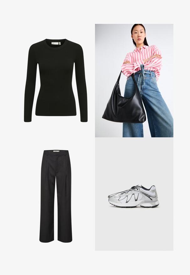 Fekete, hosszú ujjú, bordázott felső kerek dekoltázzsal és testhez simuló kialakítással. Az anyag puhanak tűnik, enyhe rugalmassággal és finom textúrával.; Fekete, széles lábú nadrág sima textúrával, plisszírozott elülső résszel, övhurkokkal és szabott dizájnnal. Az anyag kifinomult megjelenést biztosít.; Fehér sportcipők hálós felsőrésszel, fekete akcentusokkal, textúrált gumitalppal és elasztikus fűzőrendszerrel. Könnyű, modern dizájnnal.; Fekete bőr válltáska, laza formával és varrás részletekkel. A model egy rózsaszín és fehér csíkos inget visel széles szárú kék farmernadrággal.